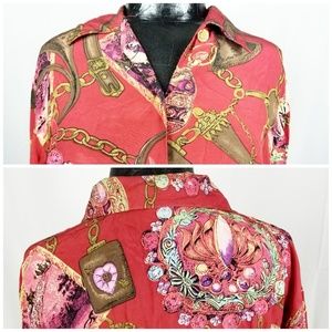 Vintage 70s Red Silk Shirt Size Versace Inspired